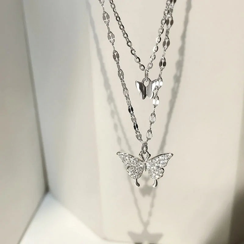 Double Layer 925 Sterling Silver Butterfly Necklace