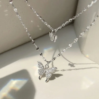 Double Layer 925 Sterling Silver Butterfly Necklace