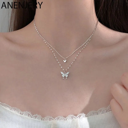 Double Layer 925 Sterling Silver Butterfly Necklace