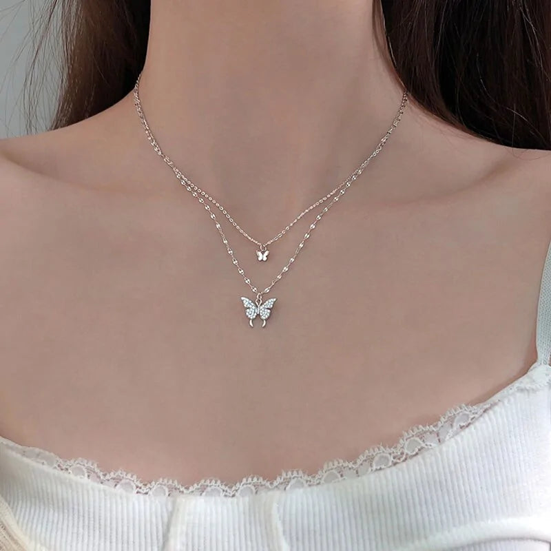 Double Layer 925 Sterling Silver Butterfly Necklace